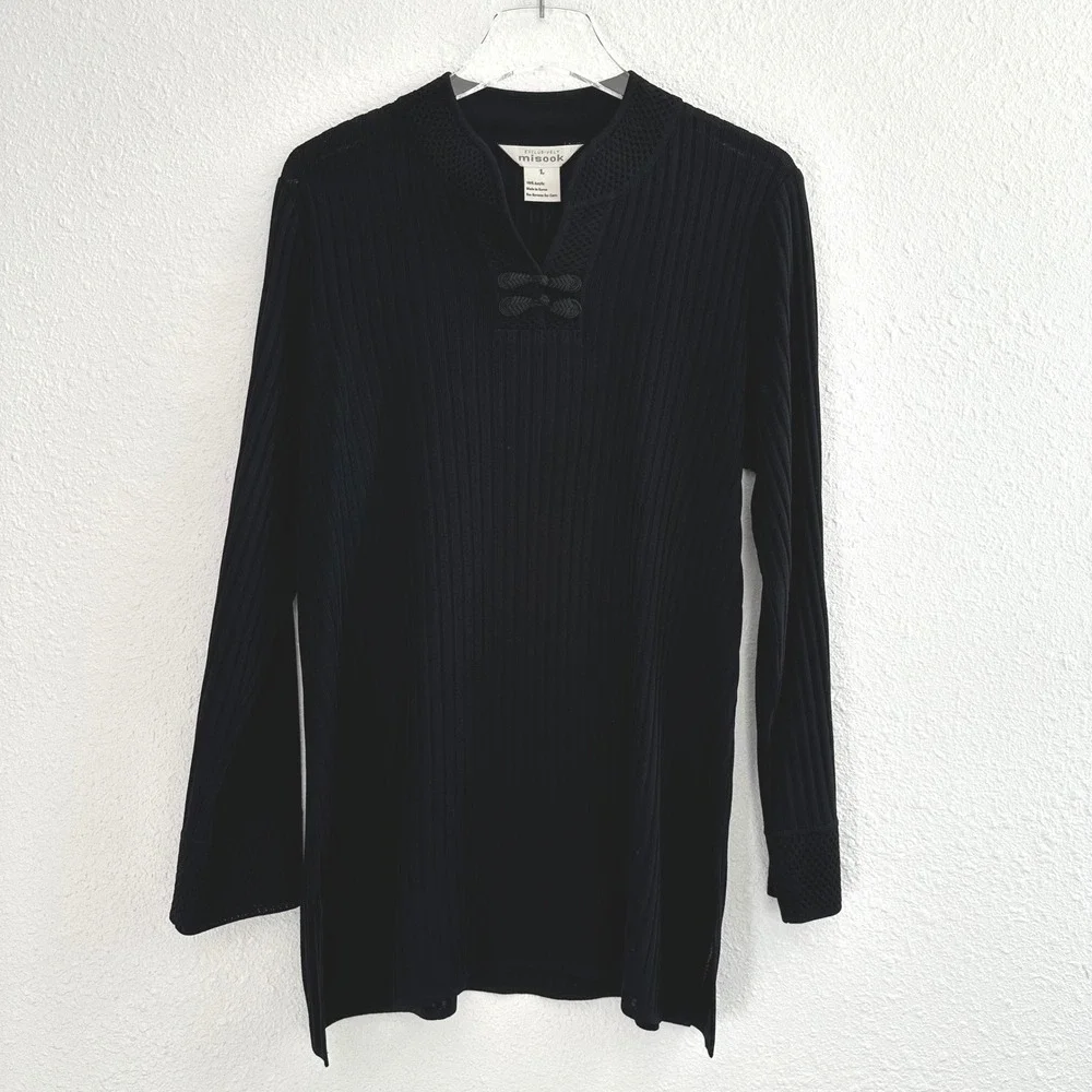 Exclusively Misook Ribbed Knit Tunic Top Womens Large Black Long Sleeve‎ Modest